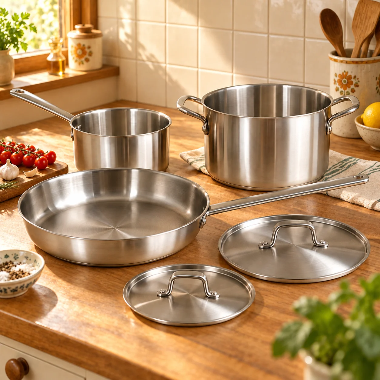 Stainless Cookware Trio in a home kitchen setting