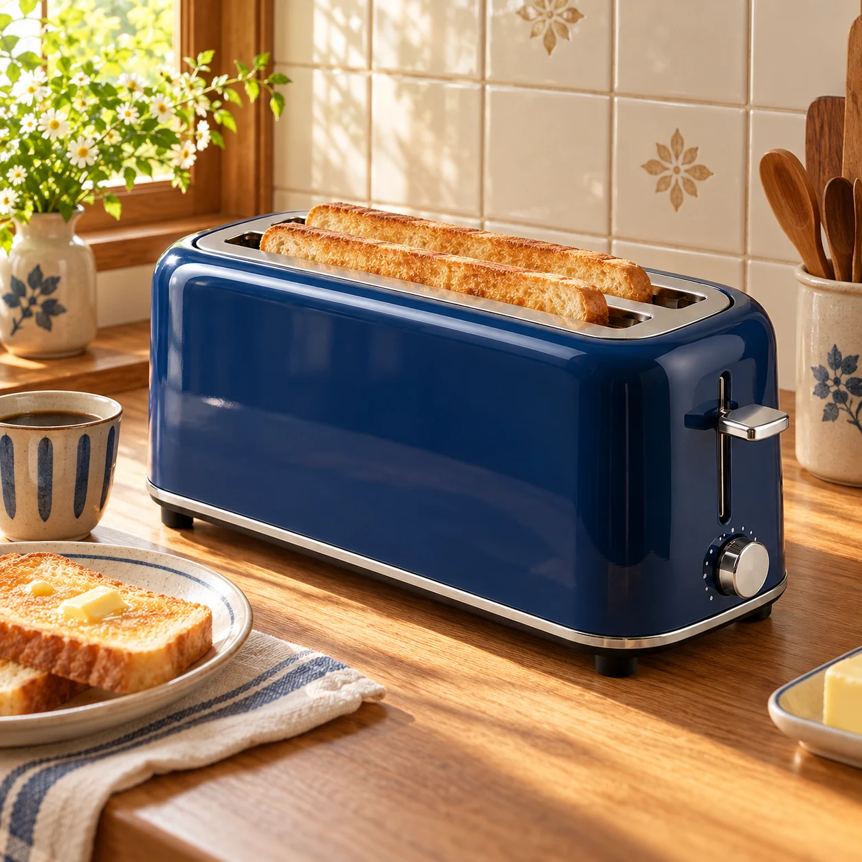 Artisan Long-Slot Toaster in a home kitchen setting