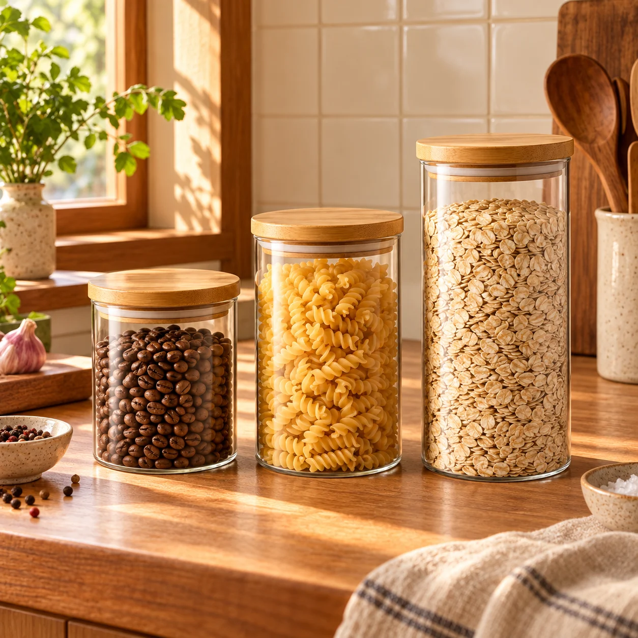 Glass Pantry Jar Trio in a home kitchen setting