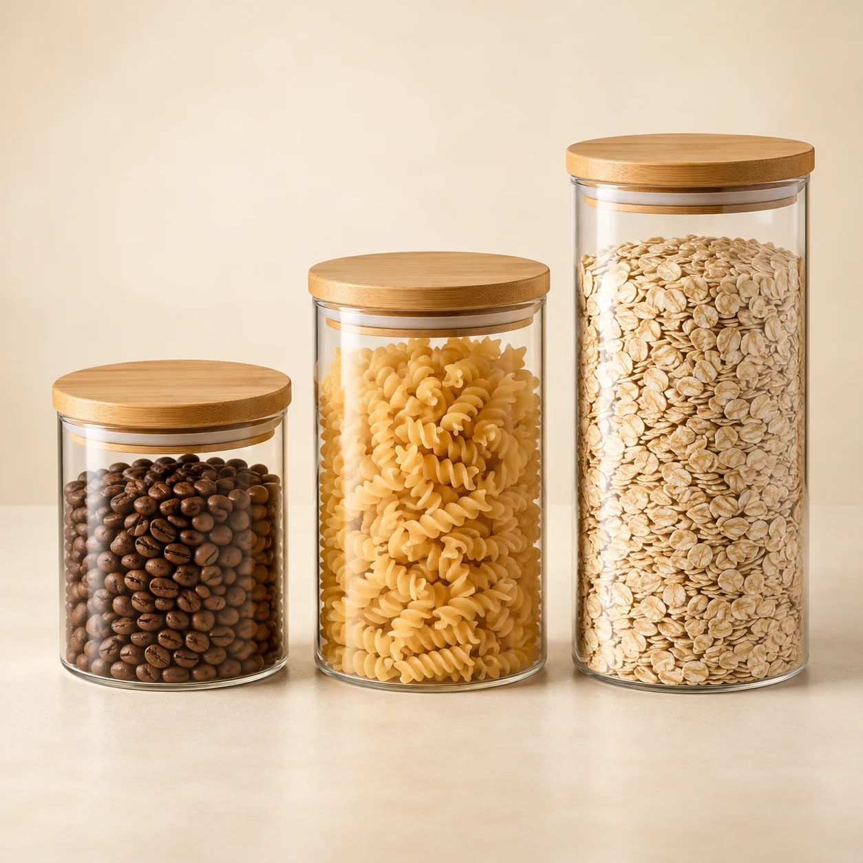 Glass Pantry Jar Trio in Clear & Bamboo