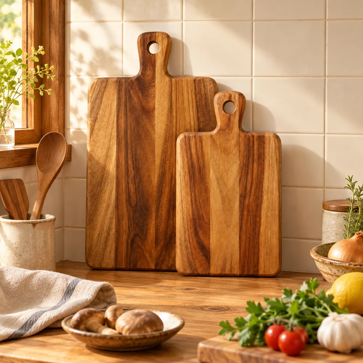 Acacia Prep Board Duo in a home kitchen setting