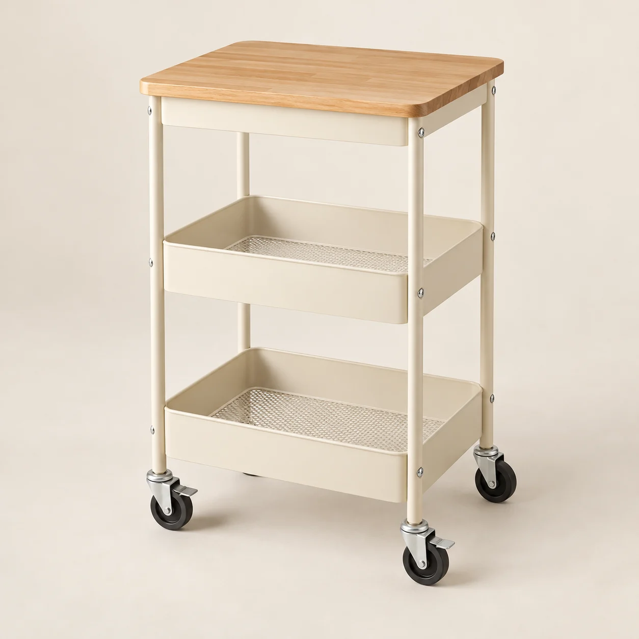 Kitchen Island Storage Cart in Cream & Natural Wood
