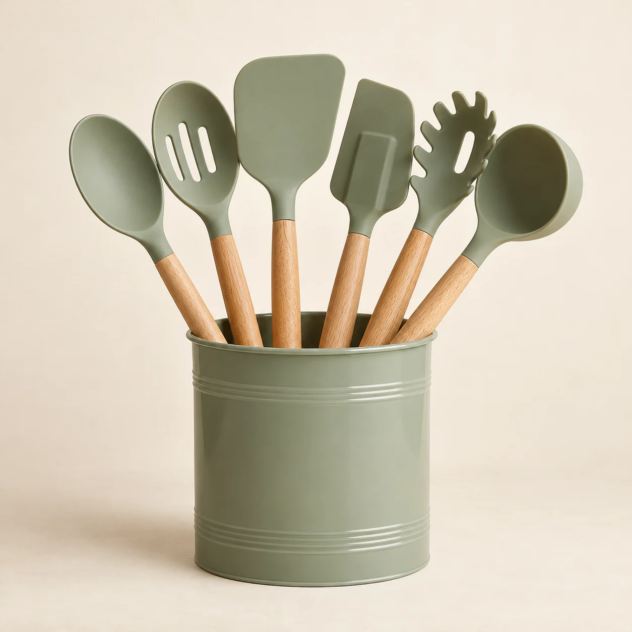 Countertop Utensil Set in Sage & Natural Wood