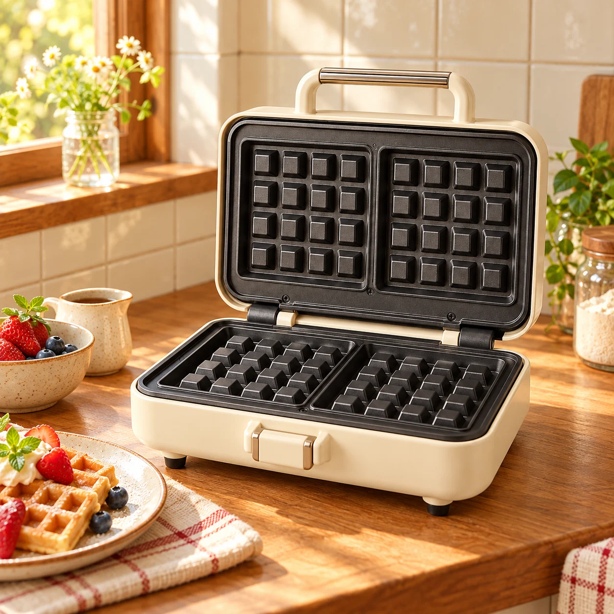 Family Waffle Maker in a home kitchen setting