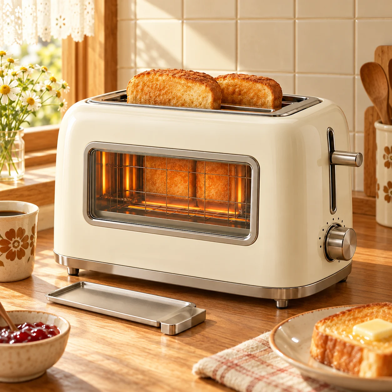 Window View Toaster in a home kitchen setting